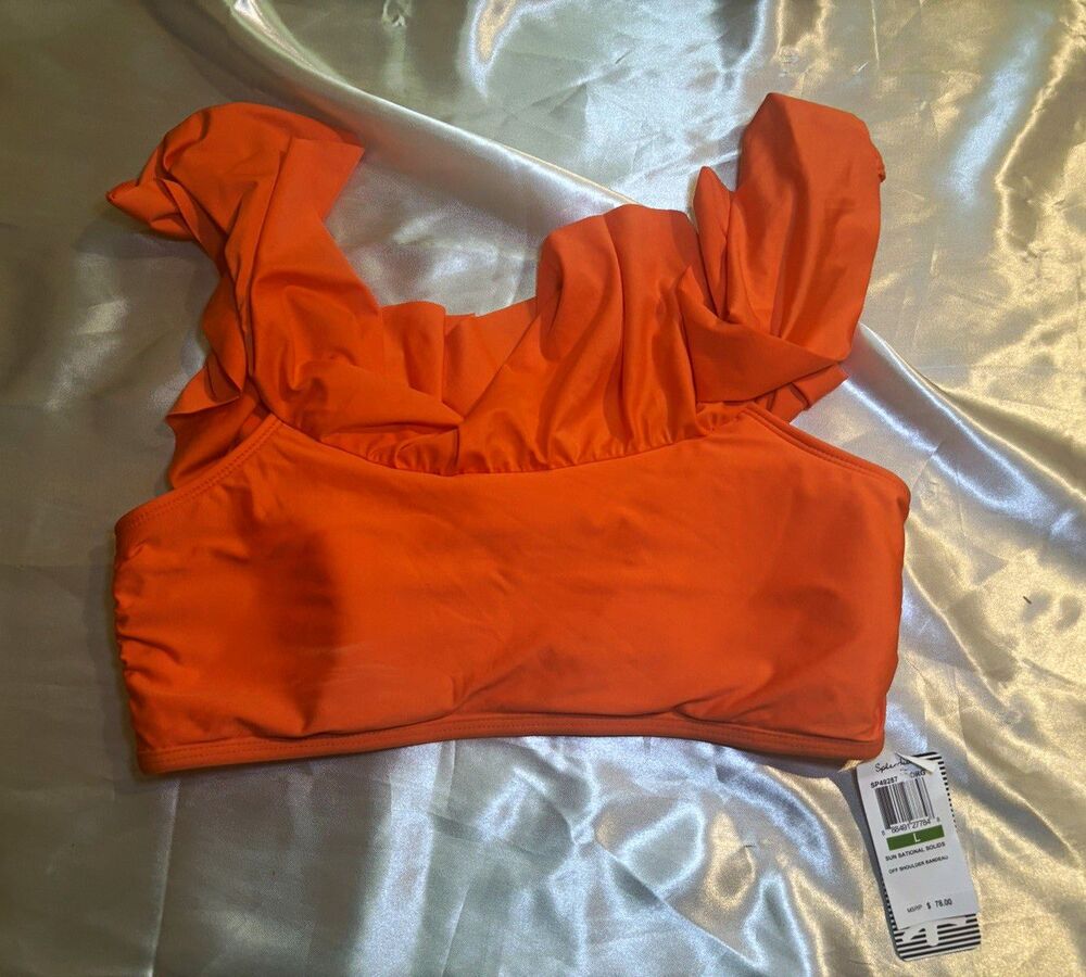 NWT Splendid Sun-Sational Solids Ruffle Bikini Top Orange Womens Large L $78